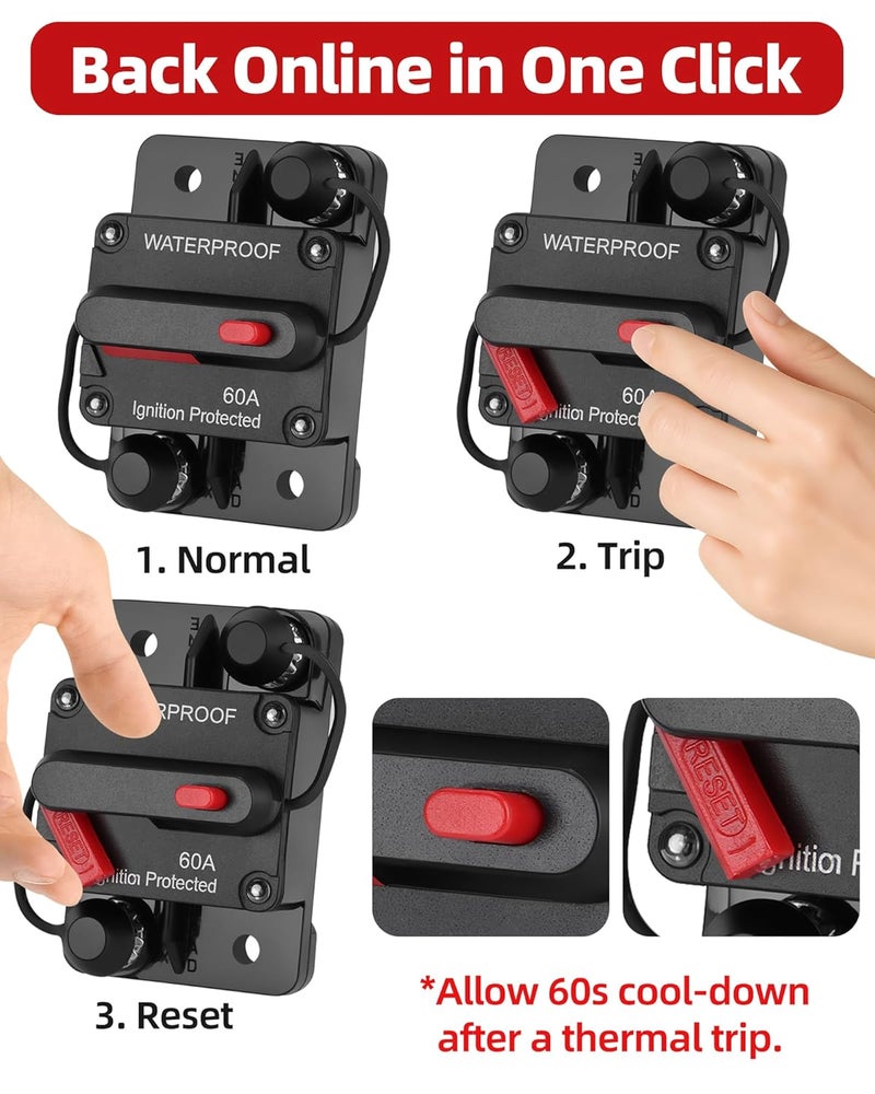 voltrish 60 Amp Marine Circuit Breaker Switch for Trolling Motor Battery Box, Premium 12V - 48V 60A DC Breaker for Boat Motor, RV, Solar Panel & Car Audio, One-Click Reset, No Fuse Needed - Image 2